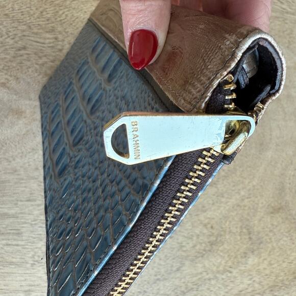BRAHMIN Skylar Wristlet Wallet Blue Gold Croc Embossed Leather Zip Organizer EUC